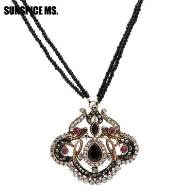 

Elegent Turkish Ethnic Seed Bead Long Pendant Necklace Antique Resin Hollow Flower Necklace Sets Indian Bohemia Vintage Jewlery