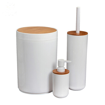 

ORZ Toilet Trash Can Set Bamboo Cover Brush Holder Lotion Bottles Waste Trash Bin Shower Gel Refillable Bottle Bathroom Accessorie
