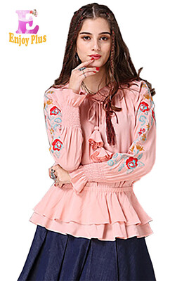

M L High Quality chest 92 -96cm vintage new spring 2018 pink blouse women flare long sleeve flower embroidery loose bow elegant