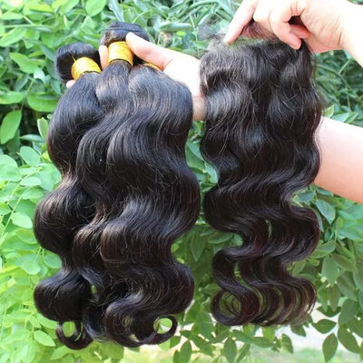 

3 Bundles Brazilian Body Wave Human Hair Bundles With Closure 44 Free Part Natural Color Free Shipping