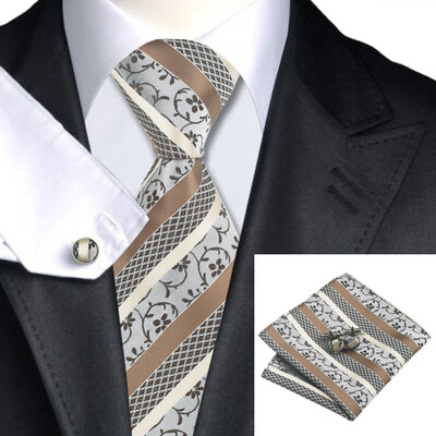 

N-0905 Vogue Men Silk Tie Set Brown Stripe Necktie Handkerchief Cufflinks Set Ties For Men Formal Wedding Business wholesale
