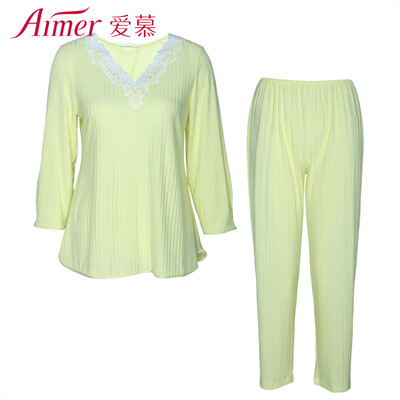 

Amour underwear Shu enjoy garden Modal V-neck long-sleeved avatar ladies pajamas home service two-piece suit thin section AM460351 lemon yellow 170XL