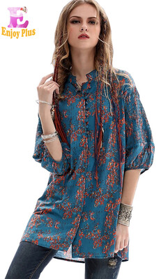 

L chest 96-101cm vintage cotton linen spring summer 2018 long blouse women shirt half sleeve print tops loose casual