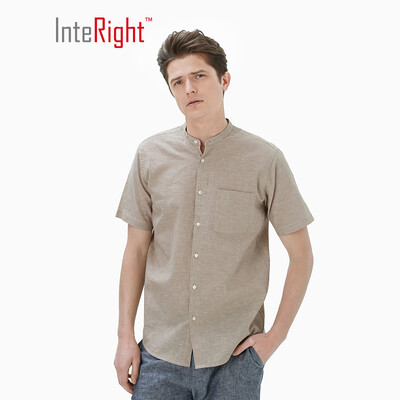 

INTERIGHT Short Sleeve Shirt Mens Cotton Blend Casual Stand Collar Shirt Deep Khaki L