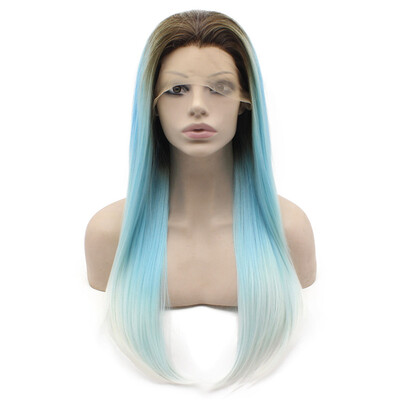 

Iwona Synthetic Hair Lace Front Long Straight Ombre Blue Three Tone Wig