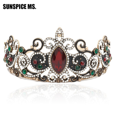 

Vintage Ancient Princess Crown Women Tiaras Red Resin Цветочные украшения для волос Античные золотые кристаллы Вина Этническая мис