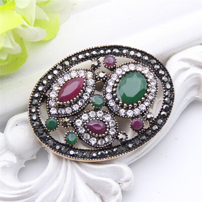 

Vintage Turkish Round Resin Flower Brooch Pin For Women Antique Gold Color Corsage Royal Rhinestone Jewelry Ladies Hijab Pins