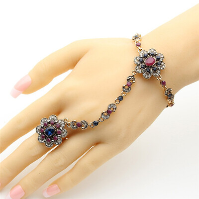 

Gorgeous Rhinestone Jewelry Turkey Women Bracelet Ring Set Resin Flower Retro Gold Color Ethnic Bijoux Bridal Stage Accessories
