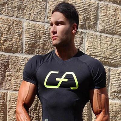

Muscle Fitness Brothers Men Running T-shirt Sports Elasticity Short-sleeved V-Neck Breathable Skinny Compression Quick-drying clot