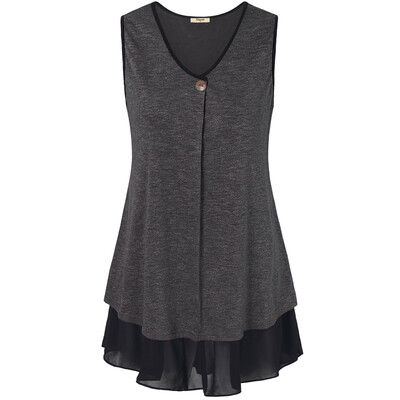 

Timeson Summer Style Sleeveless Women Long Tunic Tops V-Neck Patchwork Chiffon Curved Hem T-shirt Knitted Women T-shirt Top