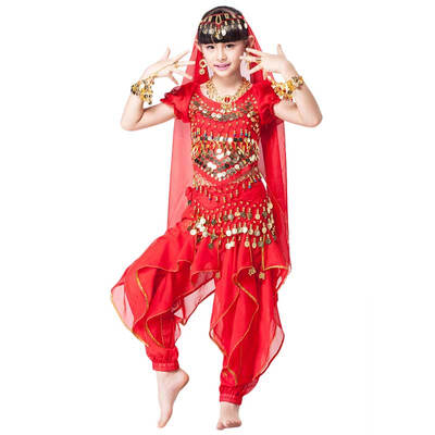 

Children Indian Dance 5-piece Set Costume Top Belt Pants&Head Pieces Coin Bracelets Bollywood Dance Costumes for Kids