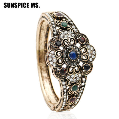 

Brand Design Turkish Women Flower Vintage Bangle Bracelets Antique Gold Color Resin Jewelry Arabia Lace Indian Wedding Bijoux