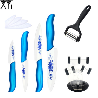 

ABS + TPR Handle Kitchen Knife Set 3" 4" 5" 6" + Acrylic Ceramic Knife Stand + Multipurpose Peeler XYJ Brand Best Cooking Tools