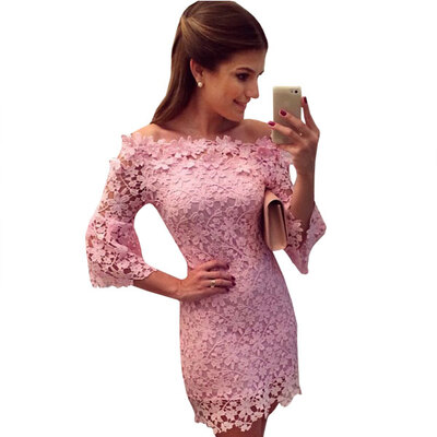 

Lovaru ™2015 Party Dresses Arrival Cute Straight Solid Half Regular Slash Neck Knee-length Broadcloth Lace Dresses