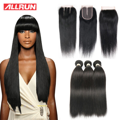 

Allrun Brazilian Virgin Hair Straight With Closure Human Hair 3 Bundles With Closure 4pcsLot Natural Color
