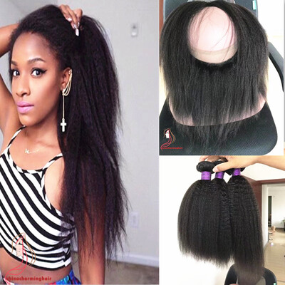 

Mongolian 9A Kinky Straight Hair Bundles With Ear To Ear 360 Lace Band Frontal Coarse Yaki 360 Lace Frontal With Hair Extensions