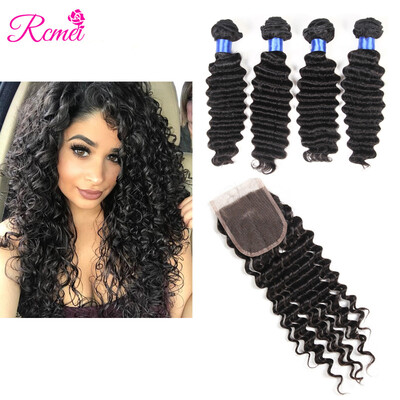 

Rcmei Hair 8A Deep Wave Weave With Closure Virgin Human Hair 4 Bundles With Closure Human Hair Extension Natural Hair