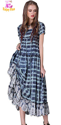

M L High Quality chest 92-96cm vintage cotton summer 2018 blue plaid long dress women short sleeve ankle length embroidery lady