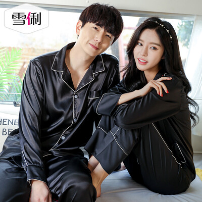 

Snowy spring long-sleeved couple pajamas luxury loose women South Korea silk home service thin section mens cardigan suit female models black L