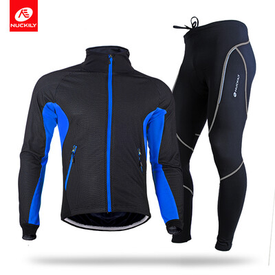 

NUCKILY Mens Winter Cycling Suit Water Resistant Road Bike Sportswear Mesh Fabric With Fleece Lining Jersey Set