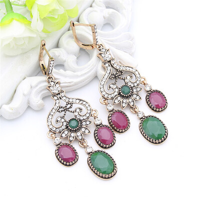 

Vintage Turkish Women Hollow Flower Long Drop Earring Big Round Resin Pendant Hook Jewelry Earrings Antique Gold Color Arabia