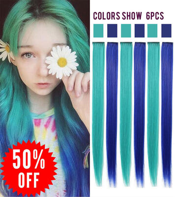 

Rhyme Wig Pieces For Girls&Dolls Colored Hair Extension Clip InOn6 PCS One Set BlueLake Blue