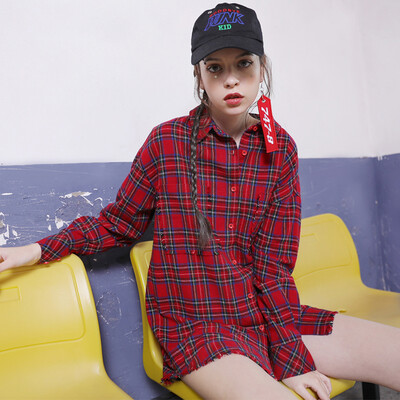 

PASS tide brand spring red plaid shirt female long-sleeved loose student shirt dress 6810212012 red grid
