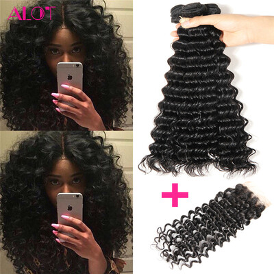 

Alot Indian Hair Deep Wave Closure Virgin Hair 4 Bundles Deep Wave with 44 Closure Hair Bundles with Closure Deep Wave