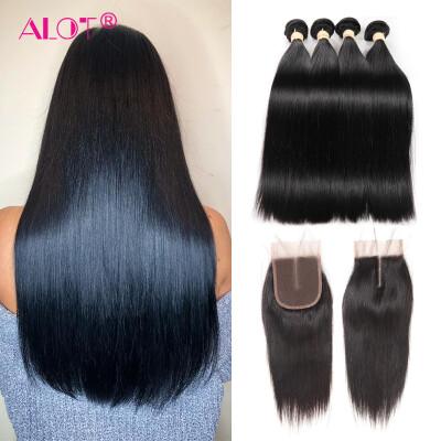 

Alot Remy Hair Extension India Straight Hair with Closure 4 Bundles with 1 Lace Closure Hair Straight Weave