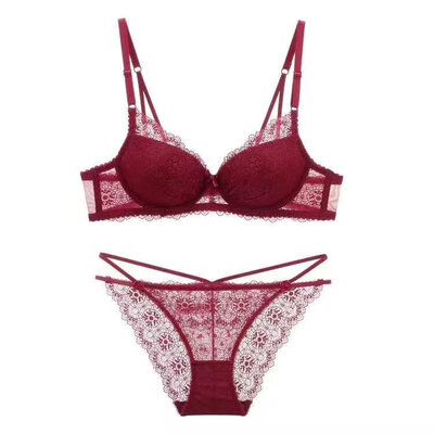 

European&American style Sexy lace translucent Bra Set Deep V gathering upper thin lower thick