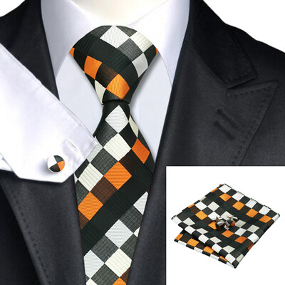 

N-0361 Vogue Men Silk Tie Set Plaids&Checke Necktie Handkerchief Cufflinks Set Ties For Men Formal Wedding Business wholesale