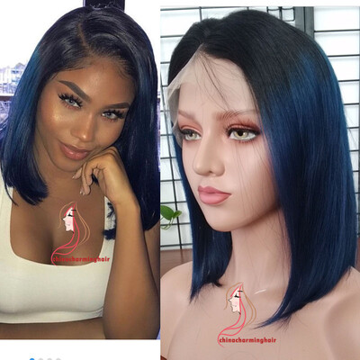 

Ombre Two Tone T1Bblue Lace Front Human Hair Bob Wigs silky straight Brazilian Virgin Hair 130 Density Lace Front Wig