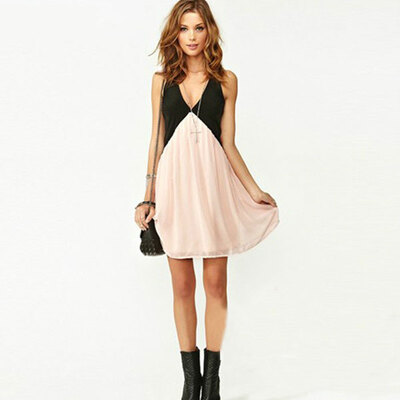 

Lovaru ™New 2015 fashion Hitting scene splicing dress back hollow out deep v-neck sleeveless chiffon nightclub vest dress