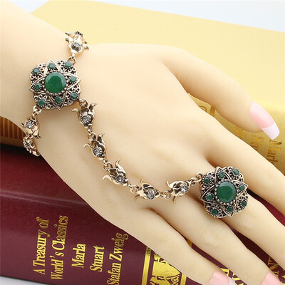 

New Turkish Jewelry Sets For Women Ring&Bracelet Antique Gold Color Resin Bracelet Adjustable Size Ring Ethnic Hand Back Bijoux