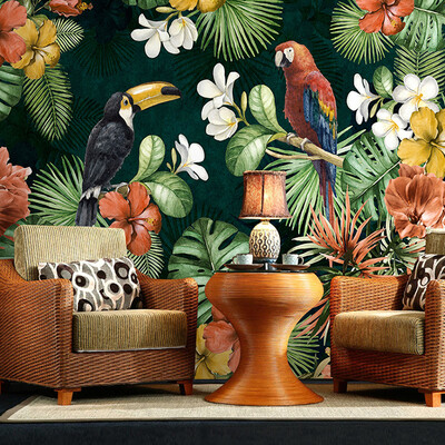 

Hand Painted Parrot Tropical Rain forest Plants custom wallpaper Cartoon TV Background Living Room Home Decoration mural
