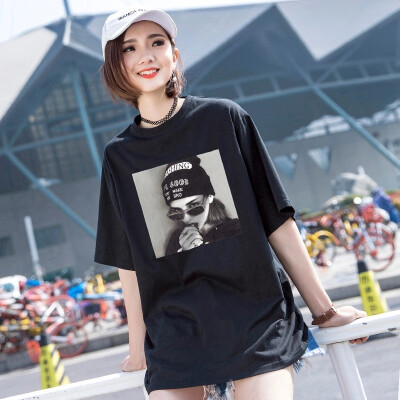 

New Korean version womens wear round neck loose T-shirt womens summer cotton printed short sleeve T-shirt