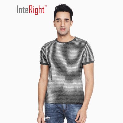 

INTERIGHT Mens T-Shirt Cotton Striped Sea Soul Short Sleeve Gray Strip XL