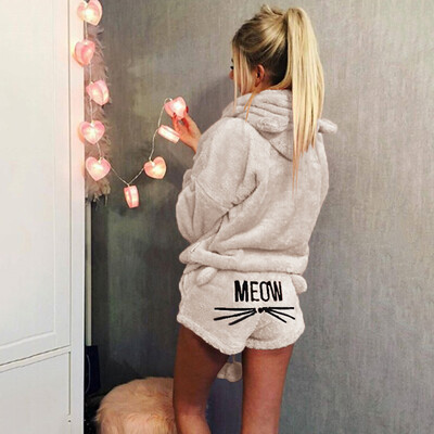 

Womens Solid Color Cute Cat Pajama Suit