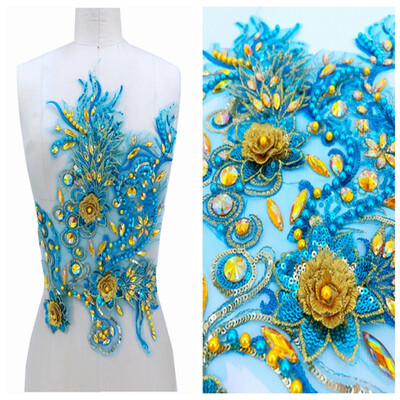 

Three-dimensional flower light bluegolden lace applique with bead rhinestones trimming patches 4227cm for dress accessory