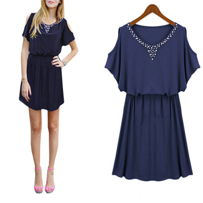 

Lovaru ™New 2015 fashion casual o-neck straight pure color short high quality Dew shoulder sexy women's dresses