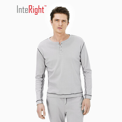 INTERIGHT home service mens cotton Henry collar long-sleeved shirt pajamas home service navy blue