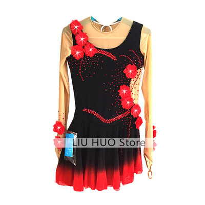 

LIUHUO figure skating game clothing black red gradient long-sleeved skating suit spandex high-elastic cotton ladies skating dress