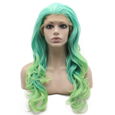 

Long Wavy Hand Tied Lace Front blue green Ombre Wig