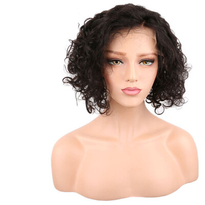 

T-top Hair Virgin Human Hair Lace Front Wig Short Bob Curly Human Hair Wig Swiss Lace Natural Black With Natural Hairline And Bab