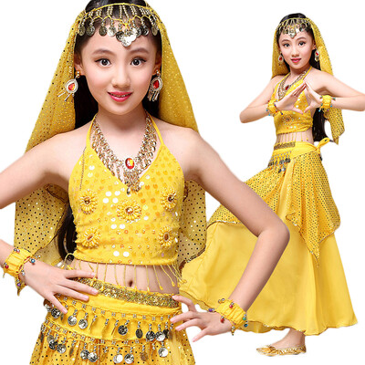 

Indian Sari Children Indian Dance 5-piece Costume Set Top Belt Skirt&Head Pieces Kids Bollywood Dance Costumes for Girls