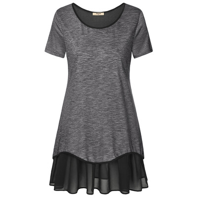 

Timeson New Summer Style Short Sleeve Women Long Tunic Tops Patchwork Chiffon Irregular Hem T-shirt Plus Size  T-shirt Top