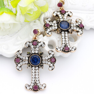 

Holy Gorgeous Vintage Cross Dangle Earring Antique Gold Color Women Resin Jewelry For Religious Activities Indian Drop Earrings