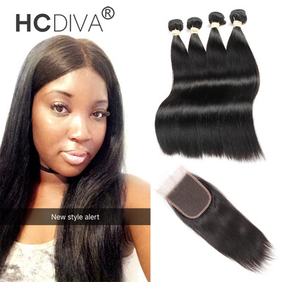 

HCDIVA Mongolian Virgin Straight Human Hair 4 Bundle with Lace Closure Free Part Middle Part 3 Wavy Part Grade 7A Straight Weft
