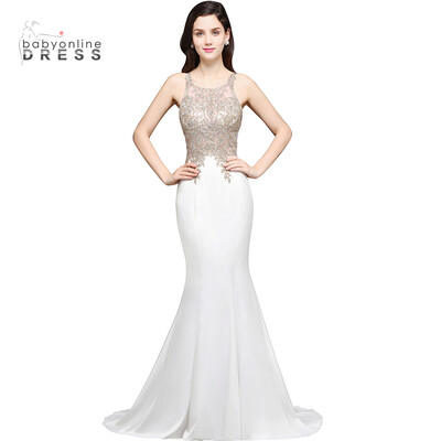 

Sexy Sheer Back Beaded Lace Mermaid Prom Dress 2018 Long Cheap White Evening Gown