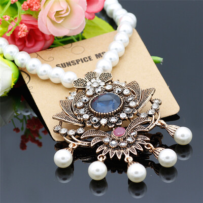 

Vintage Flower Strand Bead Pendant Necklace Set Women Antique Simulated-pearl Chain Turkish Indian Wedding Resin Corsage Jewelry